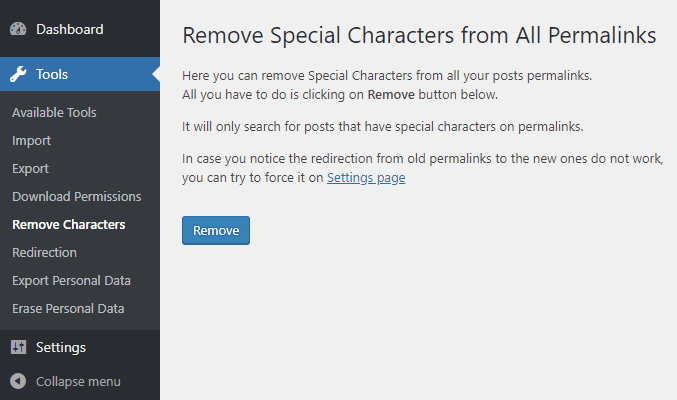 Remove Special Characters From Permalinks - WordPress Plugin-admin-tools-remove-page